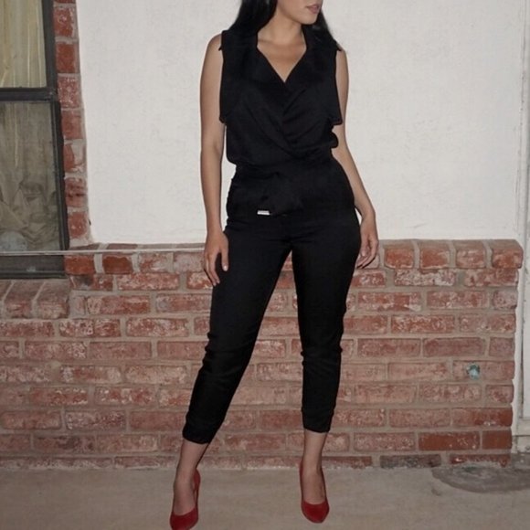 Black V-Neck Tie Waist Jumpsuit - Picture 1 of 7